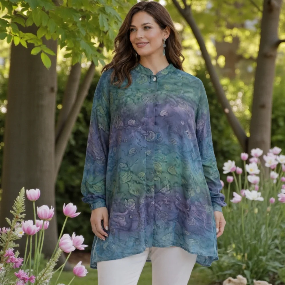 Dana‎ Taylor Woman Floral Blouse 1X Button Up Tunic Watercolor Feminine Romantic